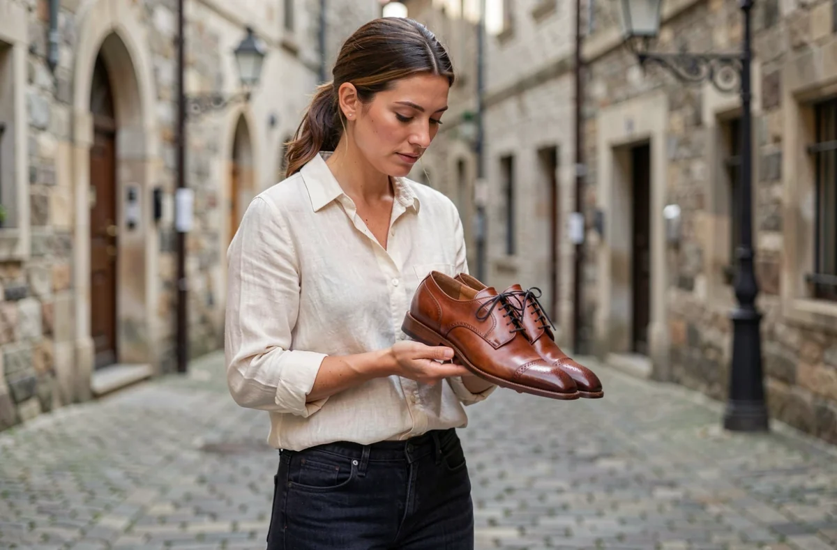 Femme inspectant des chaussures Oxford en cuir cognac fraîchement entretenues dans une rue pavée