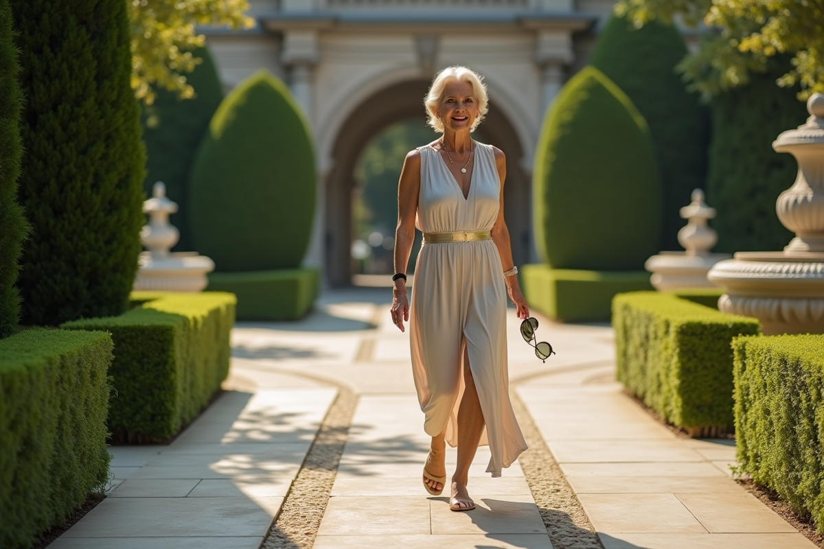 Femme élégante se promenant dans un jardin luxueux