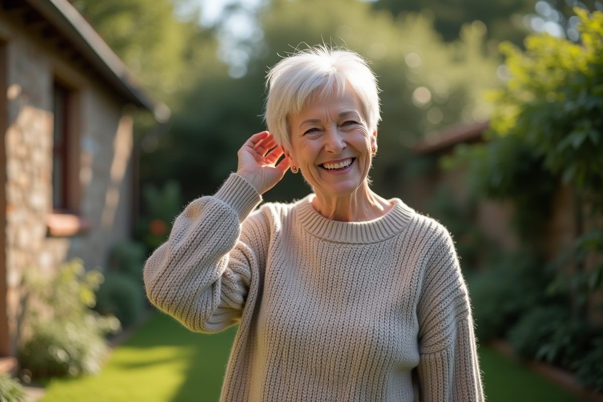 Femme de 60 ans dans un jardin ensoleille avec coupe courte