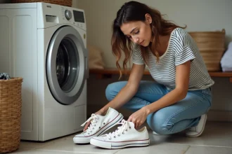 Jeune femme triant des Converse blanches dans la buanderie