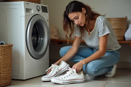 Jeune femme triant des Converse blanches dans la buanderie