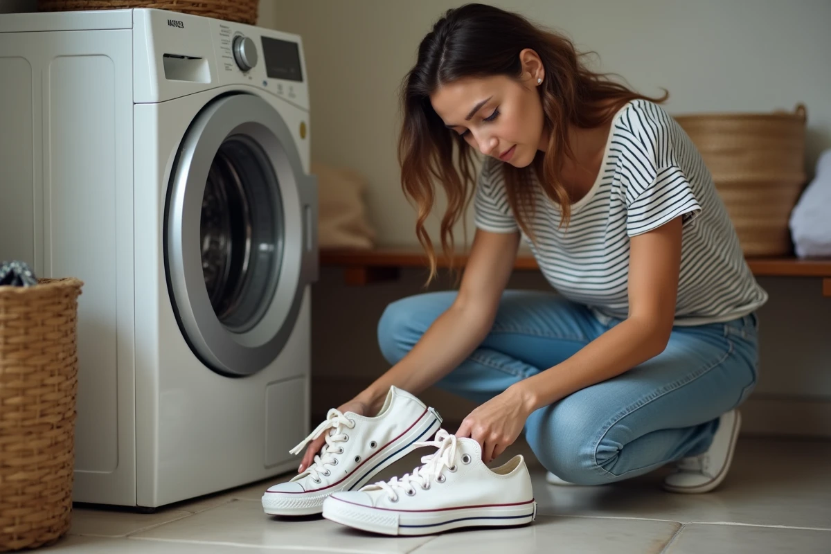 Jeune femme triant des Converse blanches dans la buanderie