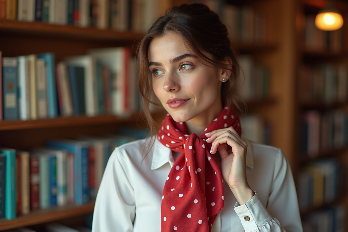 Jeune femme ajustant son foulard dans une librairie chaleureuse