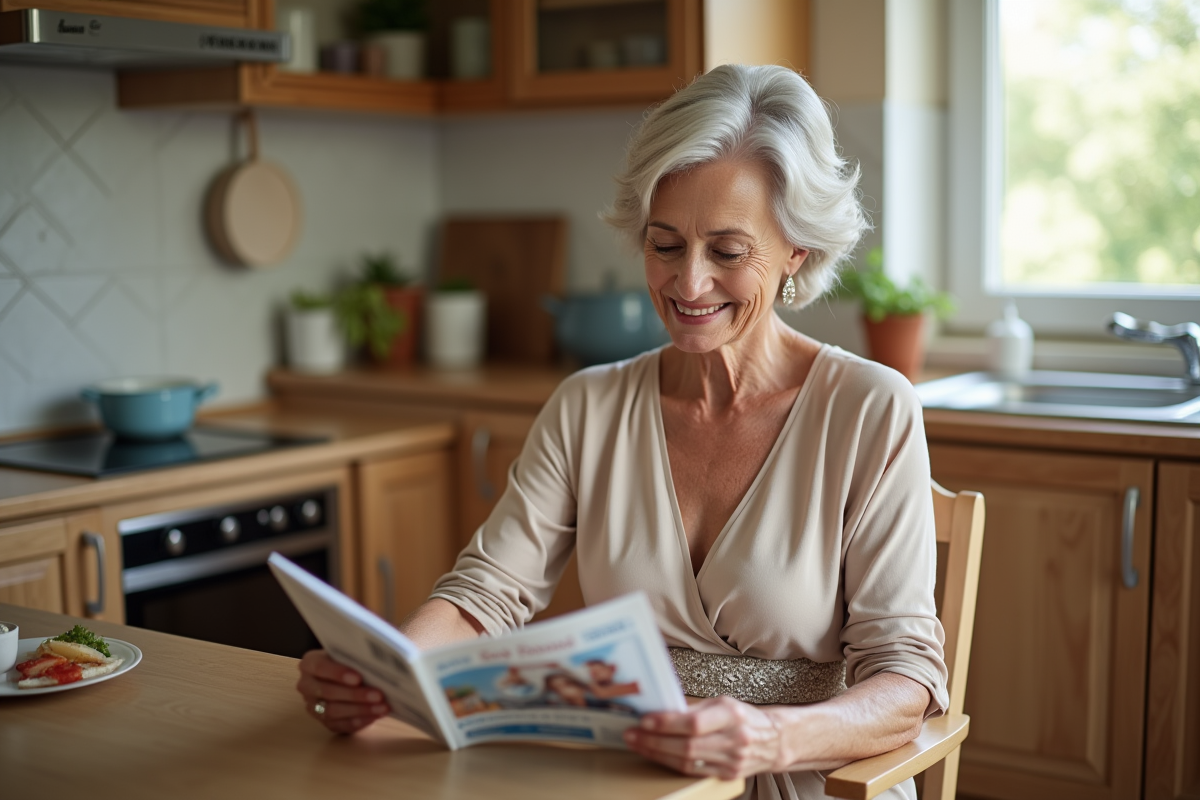 Femme de 60 ans lisant dans une cuisine chaleureuse