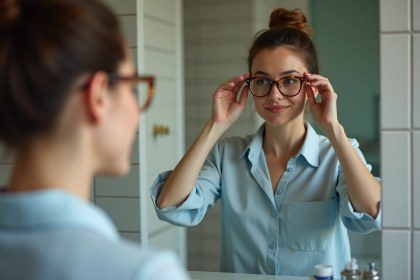 Femme ajustant ses lunettes dans un miroir de salle de bain