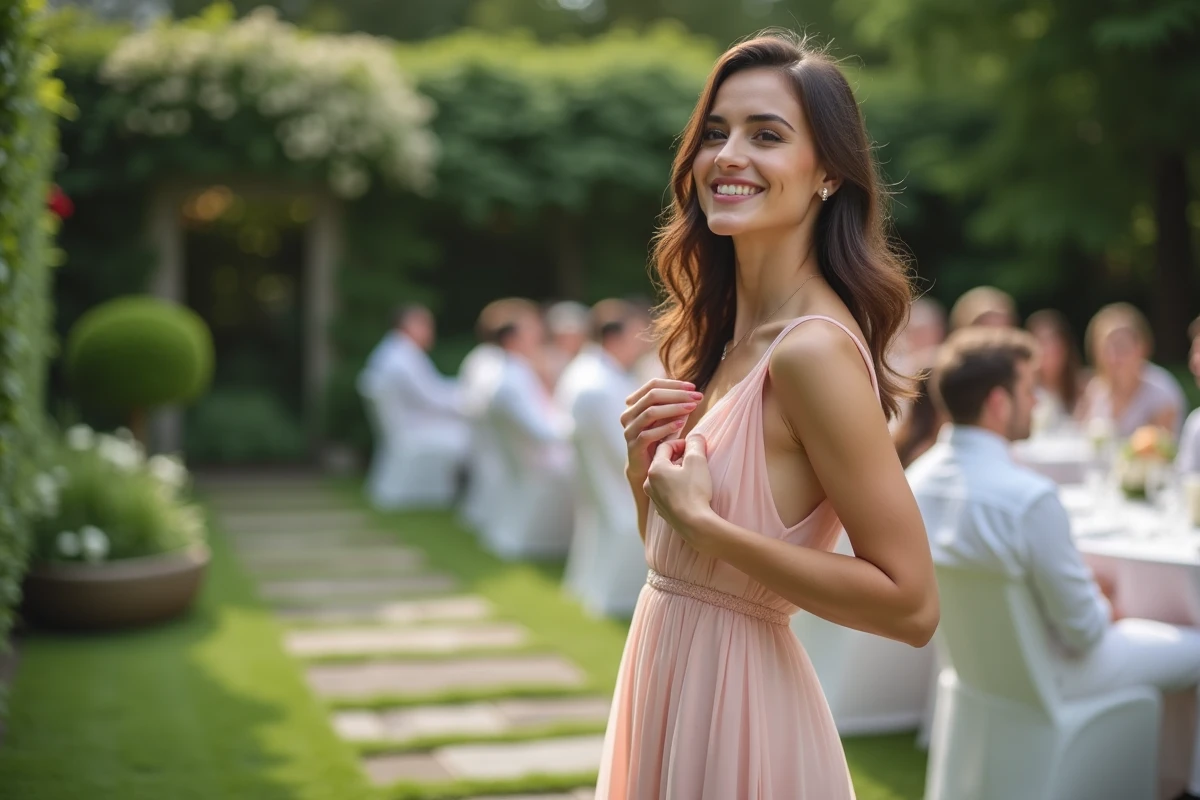 Femme ajustant sa robe pastel lors d'un mariage en extérieur
