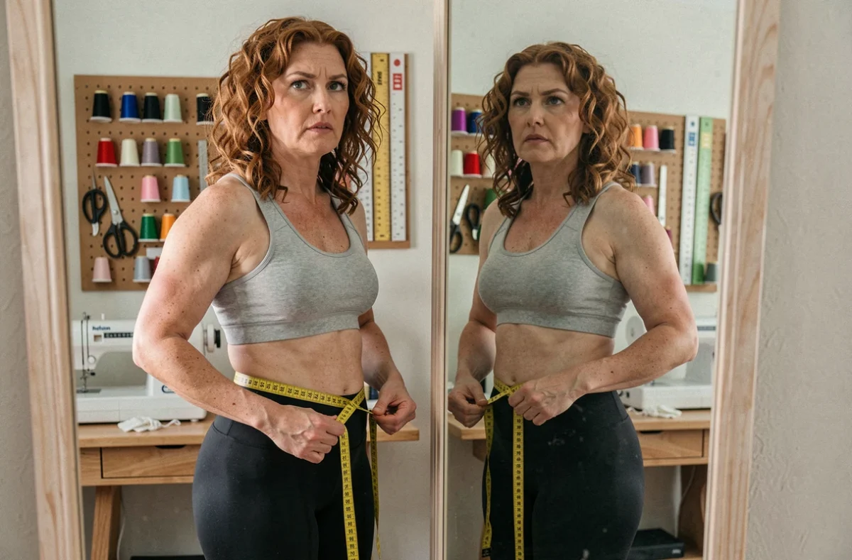 Femme prenant ses mensurations de tour de taille seule devant un miroir dans un espace couture à domicile