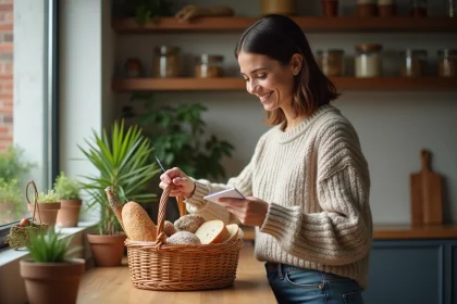 Femme arrangeant des produits dans un panier en cuisine rustique