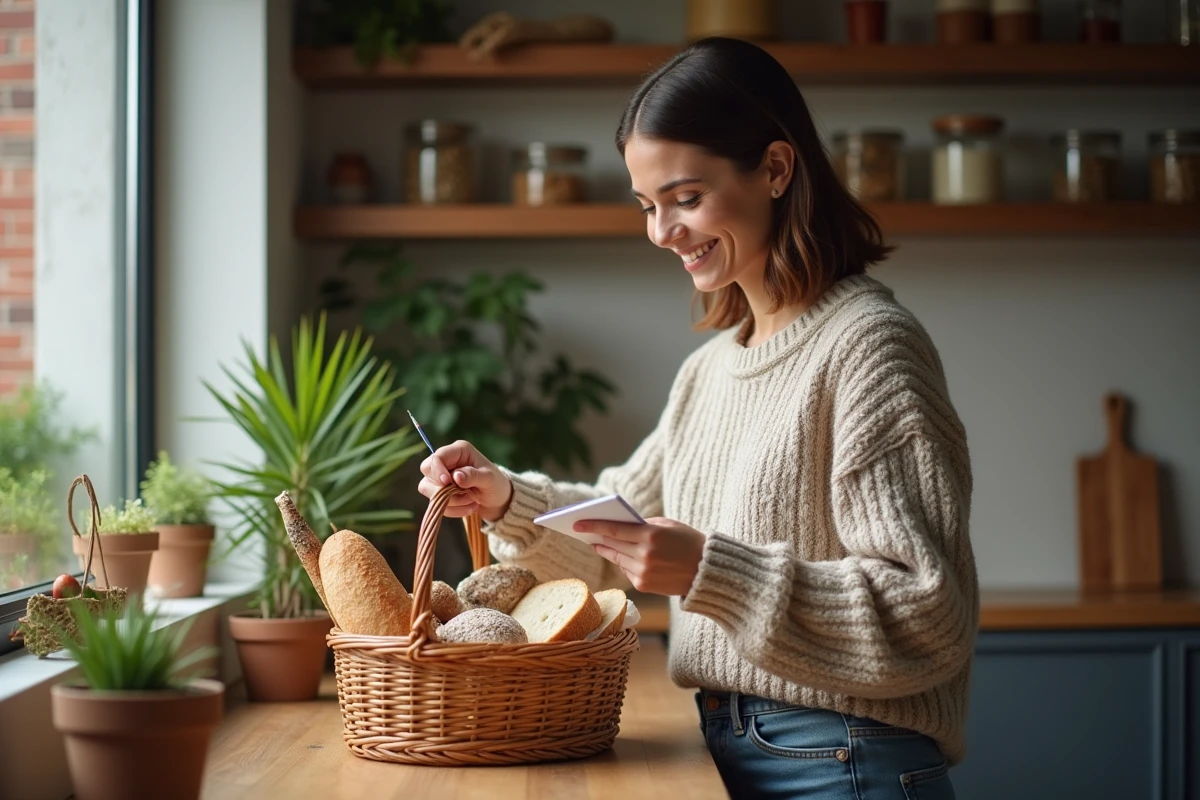 Femme arrangeant des produits dans un panier en cuisine rustique