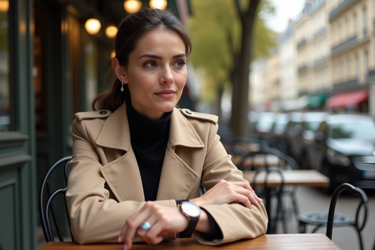 Jeune femme ajustant une montre au café parisien en extérieur