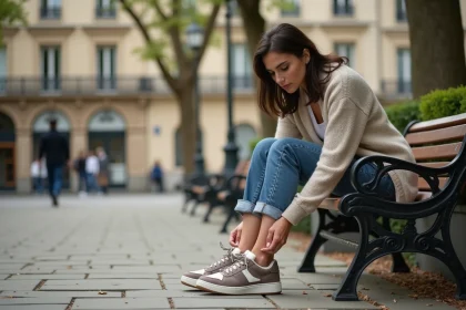 Jeune femme parisienne en denim et baskets &eacute;l&eacute;gantes