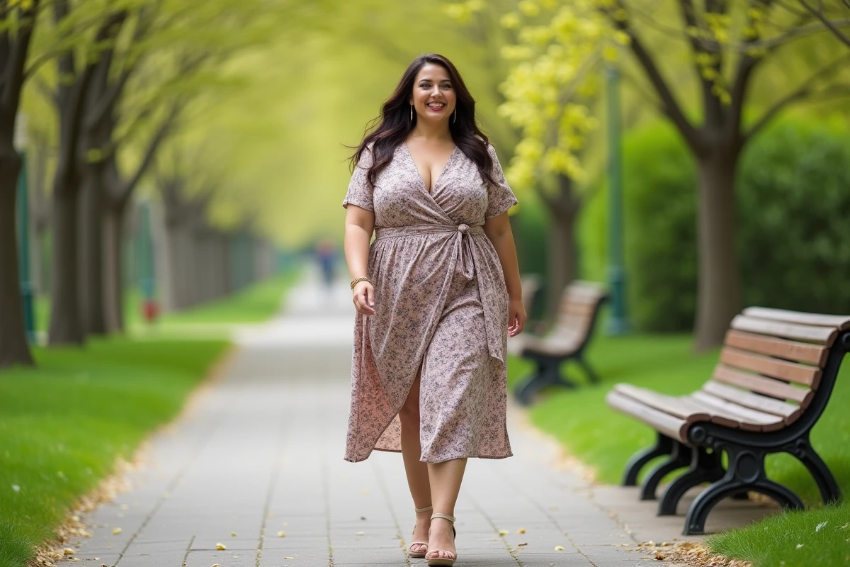 Femme en robe &agrave; motif dans un parc urbain au printemps