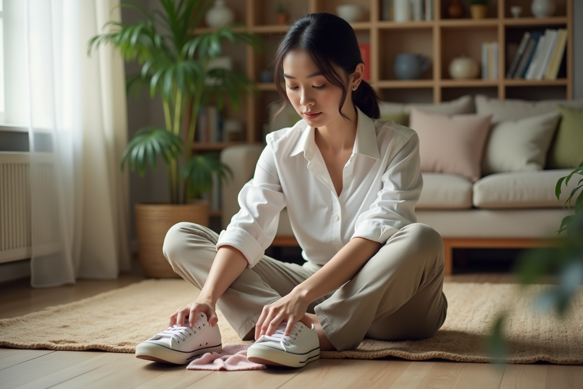 Jeune femme nettoyant ses sneakers en intérieur