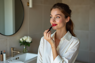 Femme appliquant rouge à lèvres dans un bain moderne