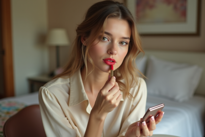 Femme appliquant rouge à lèvres dans sa chambre