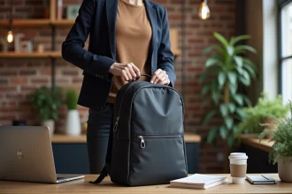 Femme professionnelle qui ferme son sac à dos pour ordinateur portable dans un espace de coworking moderne