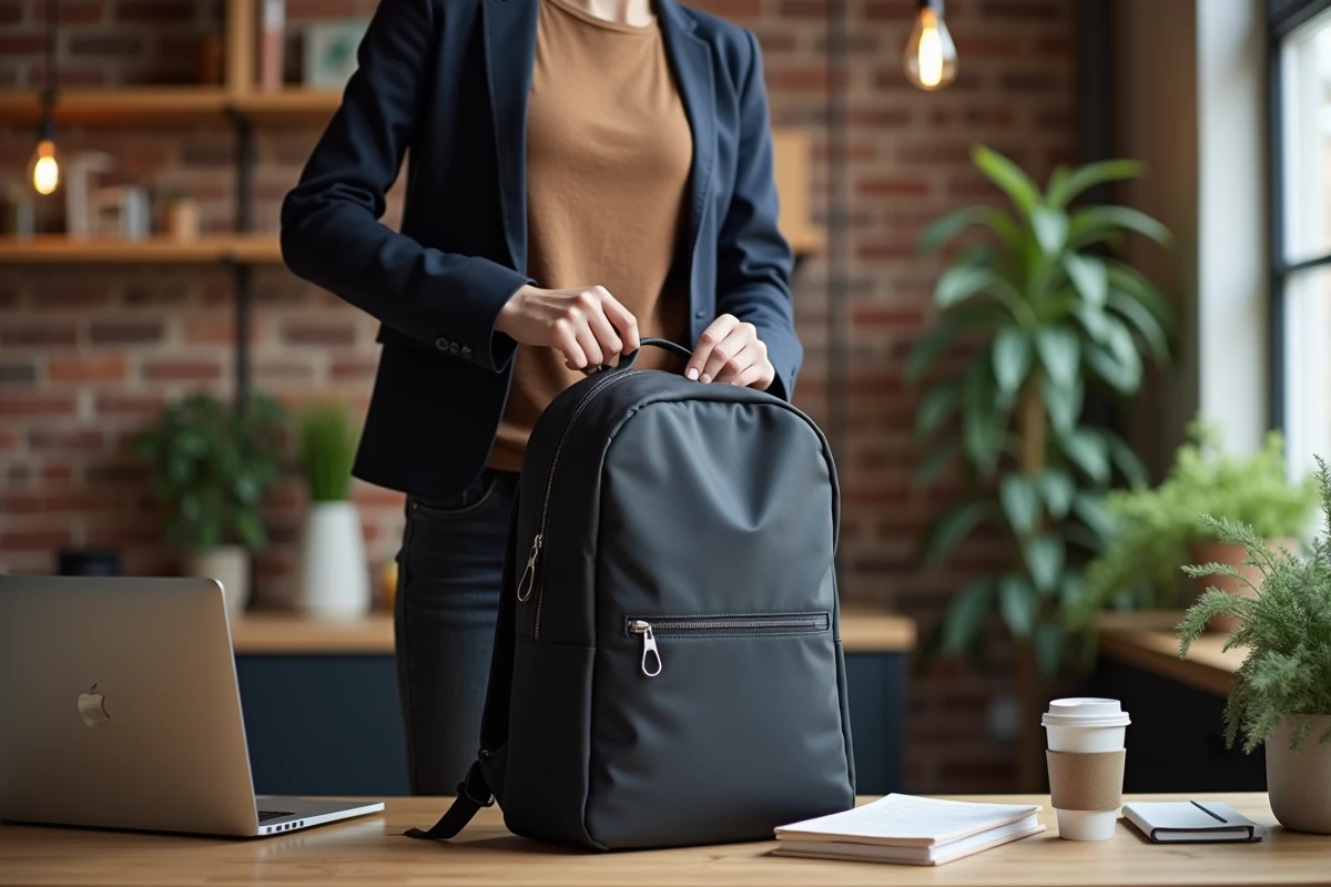 Femme professionnelle qui ferme son sac à dos pour ordinateur portable dans un espace de coworking moderne