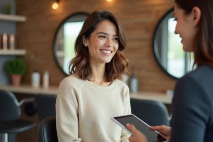 Femme souriante dans un salon moderne discutant coiffure