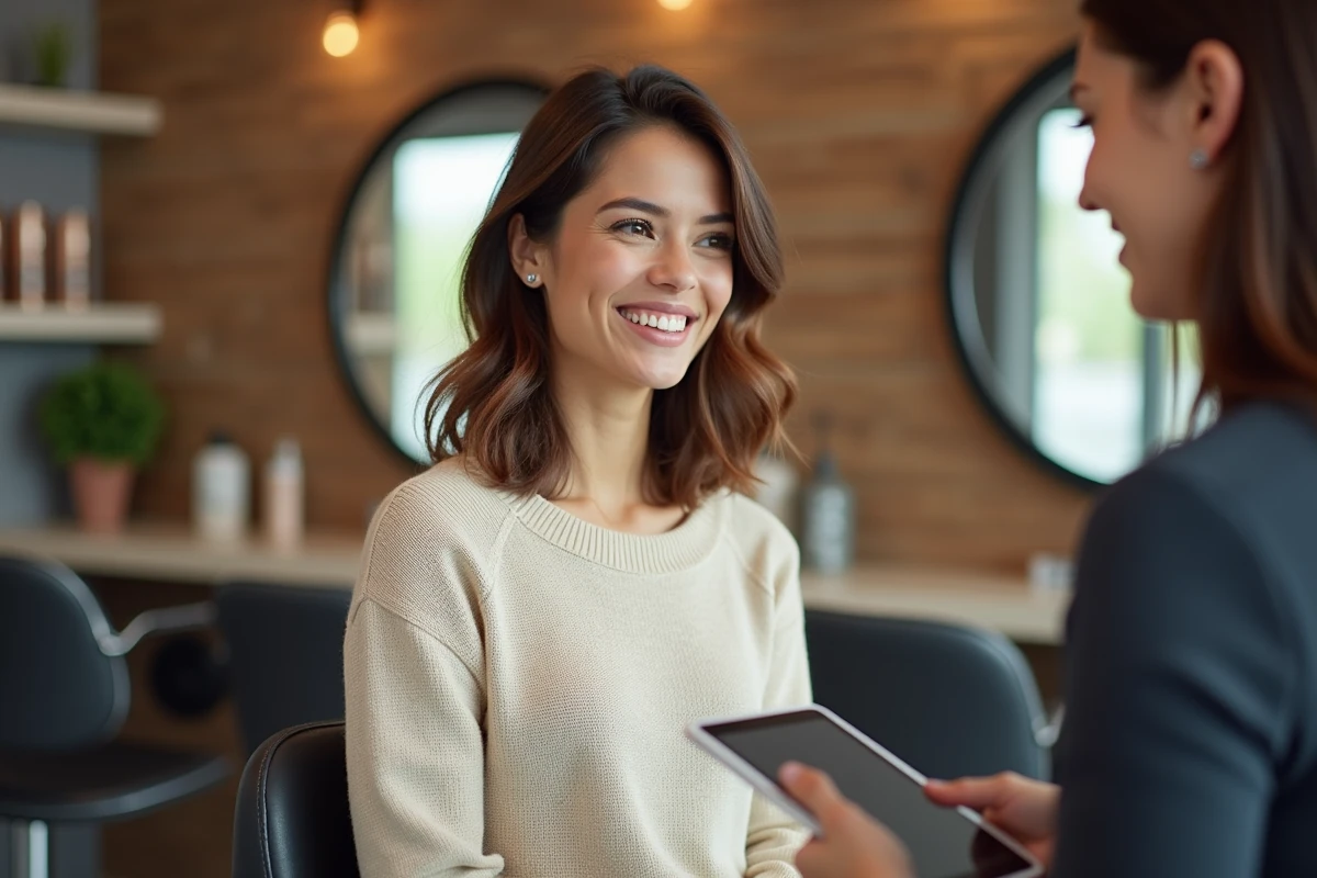 Femme souriante dans un salon moderne discutant coiffure
