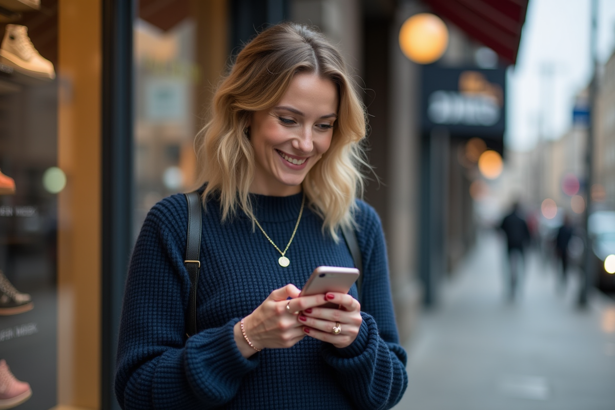 Femme souriante vérifiant sa commande devant une boutique de sneakers urbaine