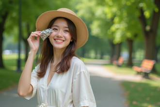 Jeune femme en robe d'été dans un parc ensoleille
