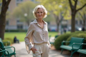 Femme élégante de 62 ans dans un parc urbain printanier