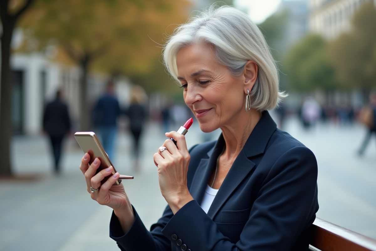 Femme vérifiant son rouge à lèvres dans un miroir urbain