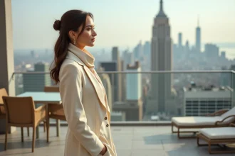 Femme élégante en costume crème sur un rooftop urbain