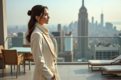 Femme &eacute;l&eacute;gante en costume cr&egrave;me sur un rooftop urbain