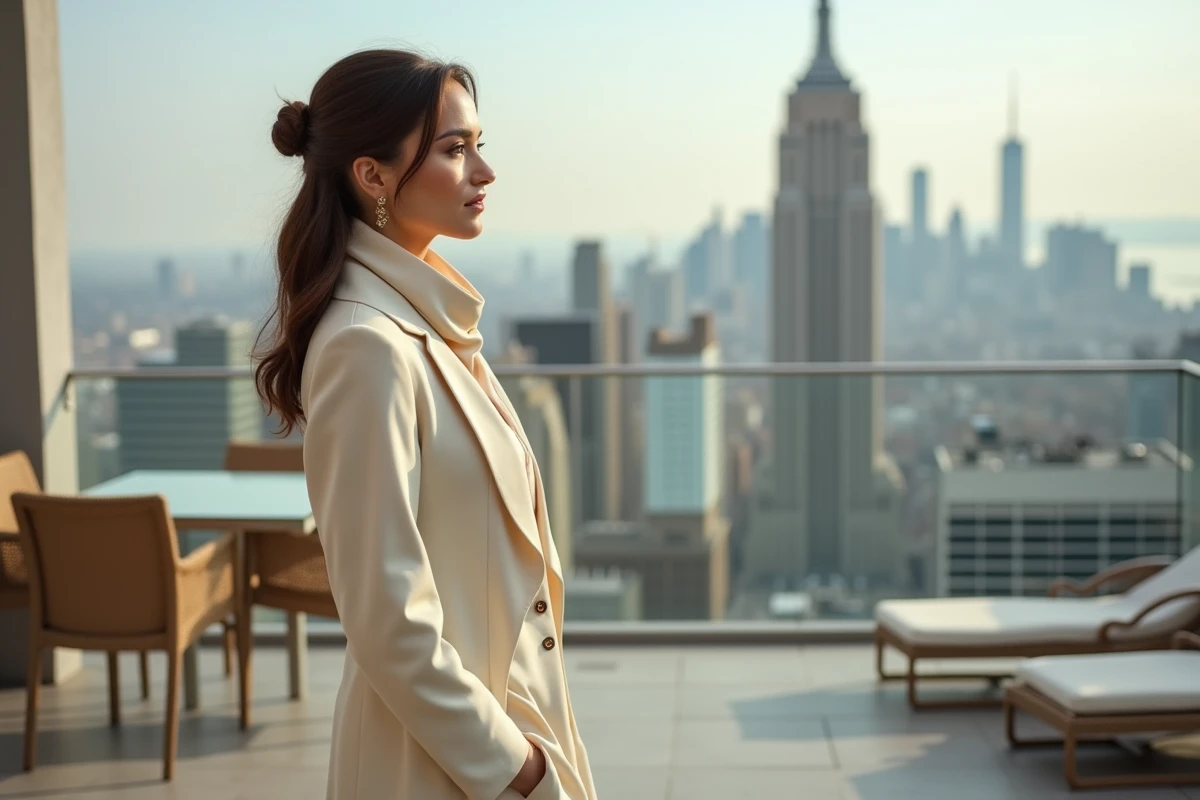 Femme élégante en costume crème sur un rooftop urbain
