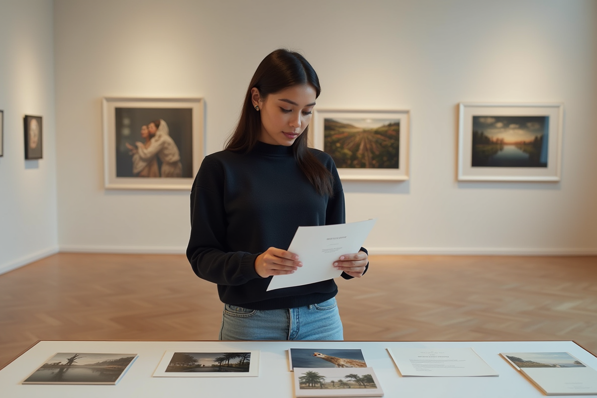 Jeune femme examinant une impression et un certificat dans une galerie