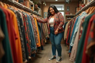 Femme confiante en blazer vintage dans une boutique vintage