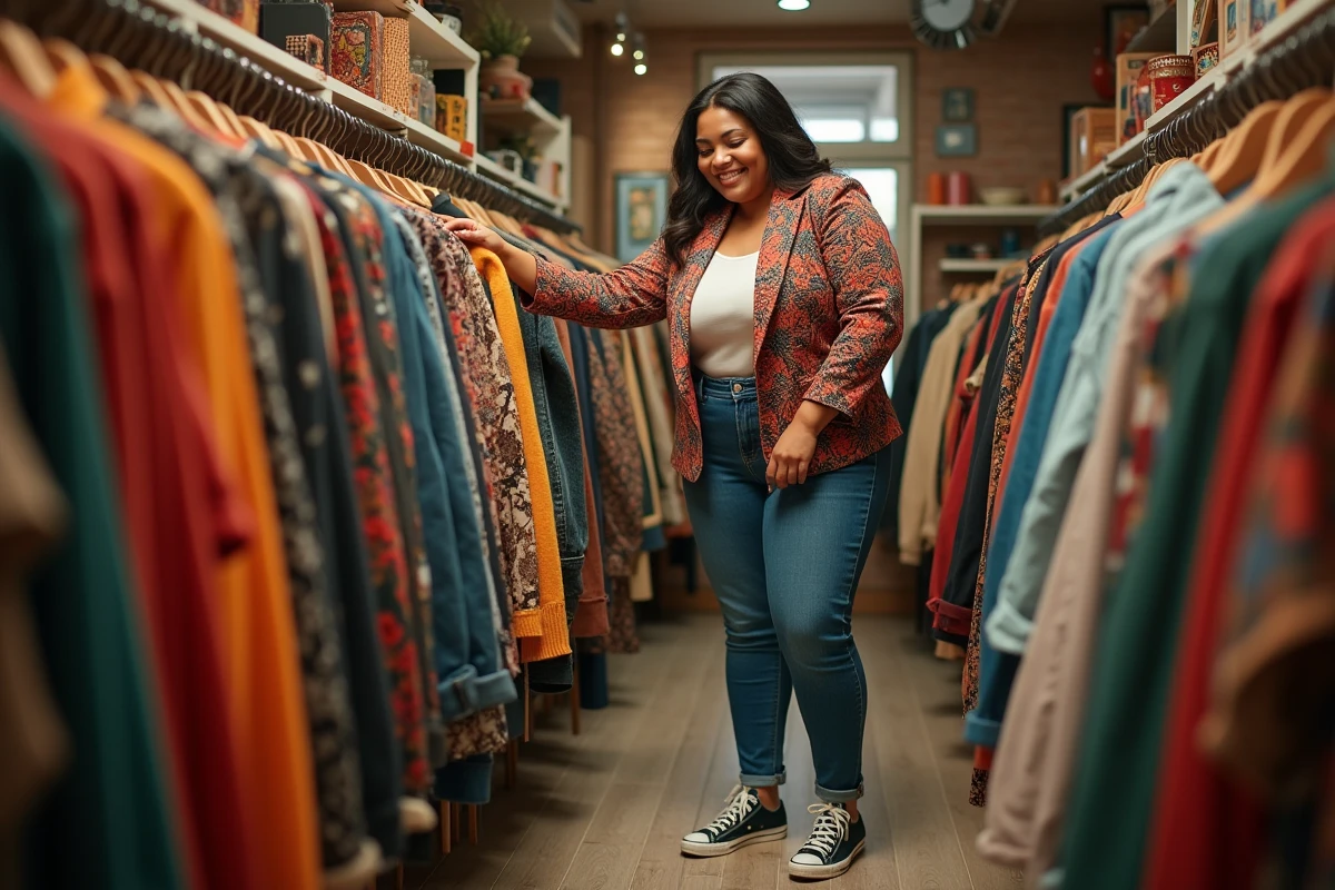 Femme confiante en blazer vintage dans une boutique vintage