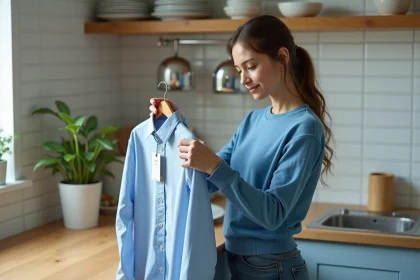 Jeune femme concentr&eacute;e tenant un v&ecirc;tement avec &eacute;tiquette de s&eacute;curit&eacute;