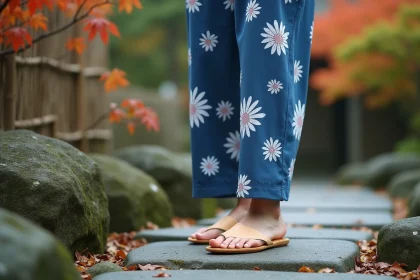 Femme japonaise en yukata indigo avec des geta en bois laqué dans un jardin traditionnel japonais en automne