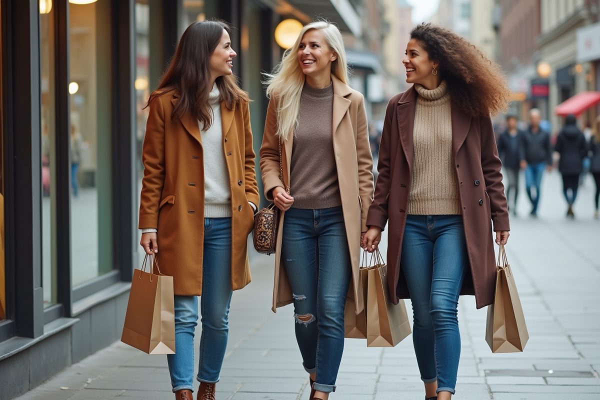 Trois femmes riant avec sacs à la main dans la rue urbaine