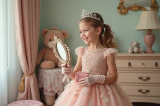 Jeune fille princesse dans sa chambre regardant son reflet