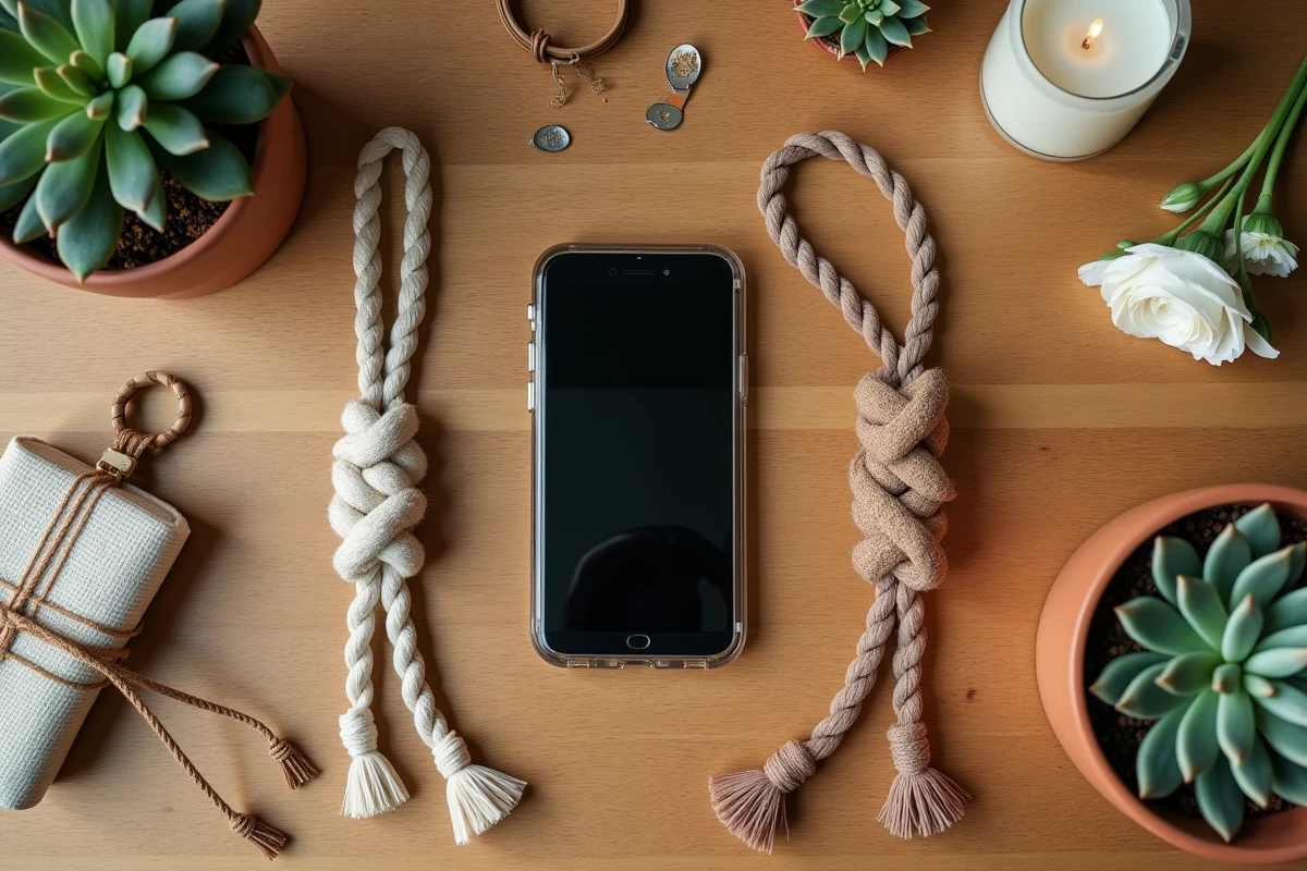 Flat-lay de plusieurs chaînes de téléphone veganes en macramé, nylon recyclé et liège, alternatives sans cuir pour smartphone