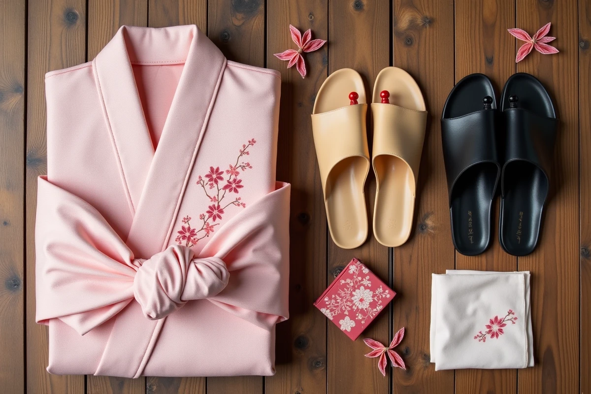 Flat lay de sandales geta en bois naturel et laqué noir avec un yukata rose pâle et accessoires japonais traditionnels