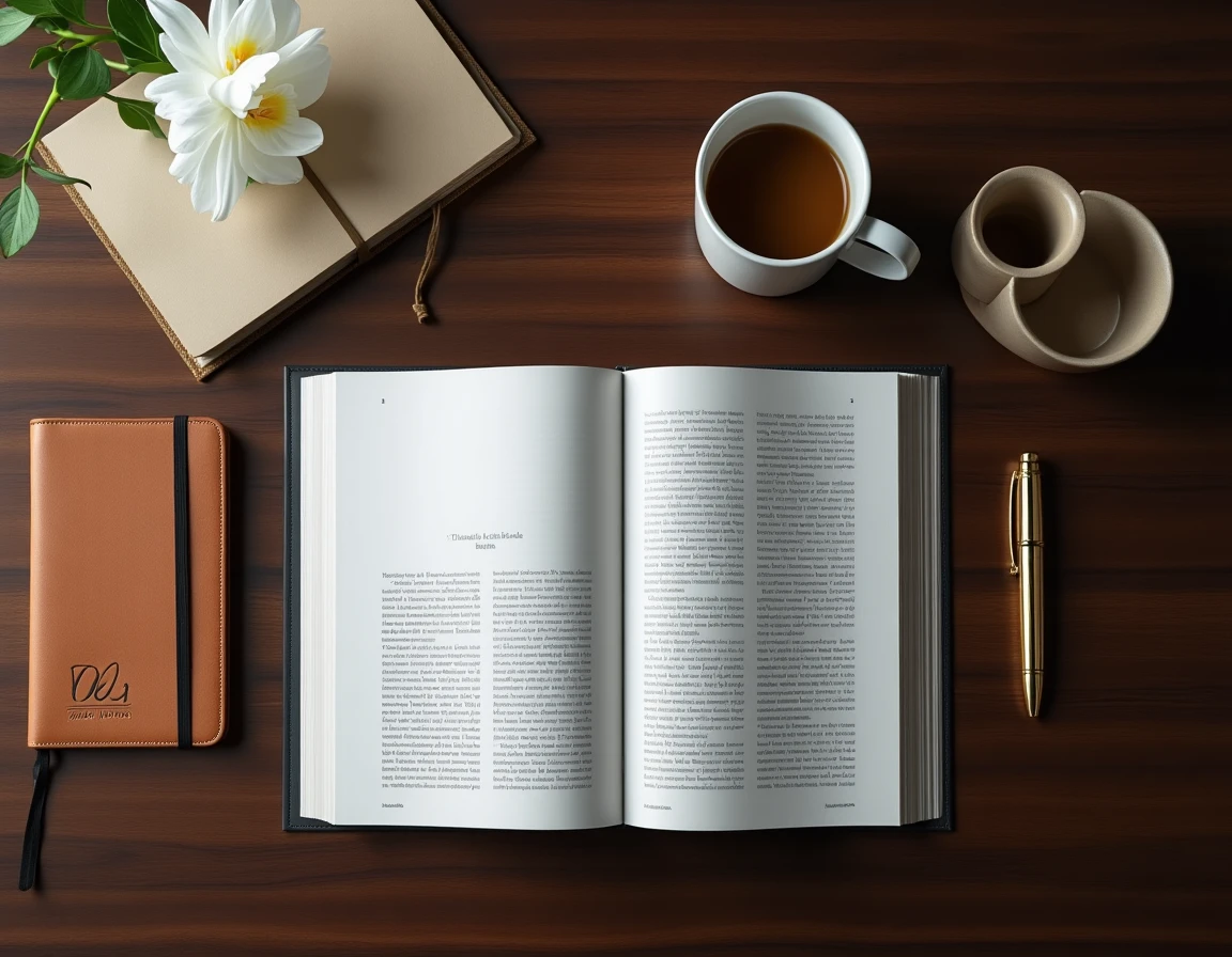 Flat lay éditorial avec le magazine It's Luxe Time entouré d'objets de luxe raffinés sur un bureau en noyer poli
