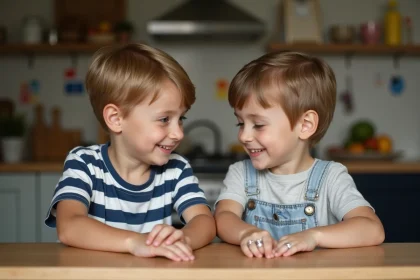 Deux jeunes garçons regardant leurs bagues en argent dans la cuisine chaleureuse