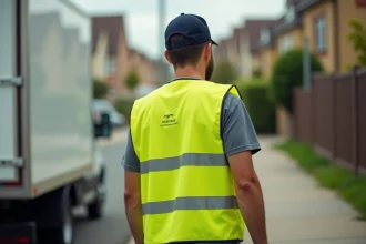 Livreur portant un gilet jaune personnalisé avec logo d'entreprise devant un véhicule de livraison en zone résidentielle