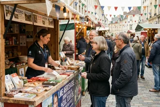 Stand de grande marque lors d'un braderie traditionnel français, animé par une vendeuse en polo branded entourée de clients curieux dans une rue commerçante festive