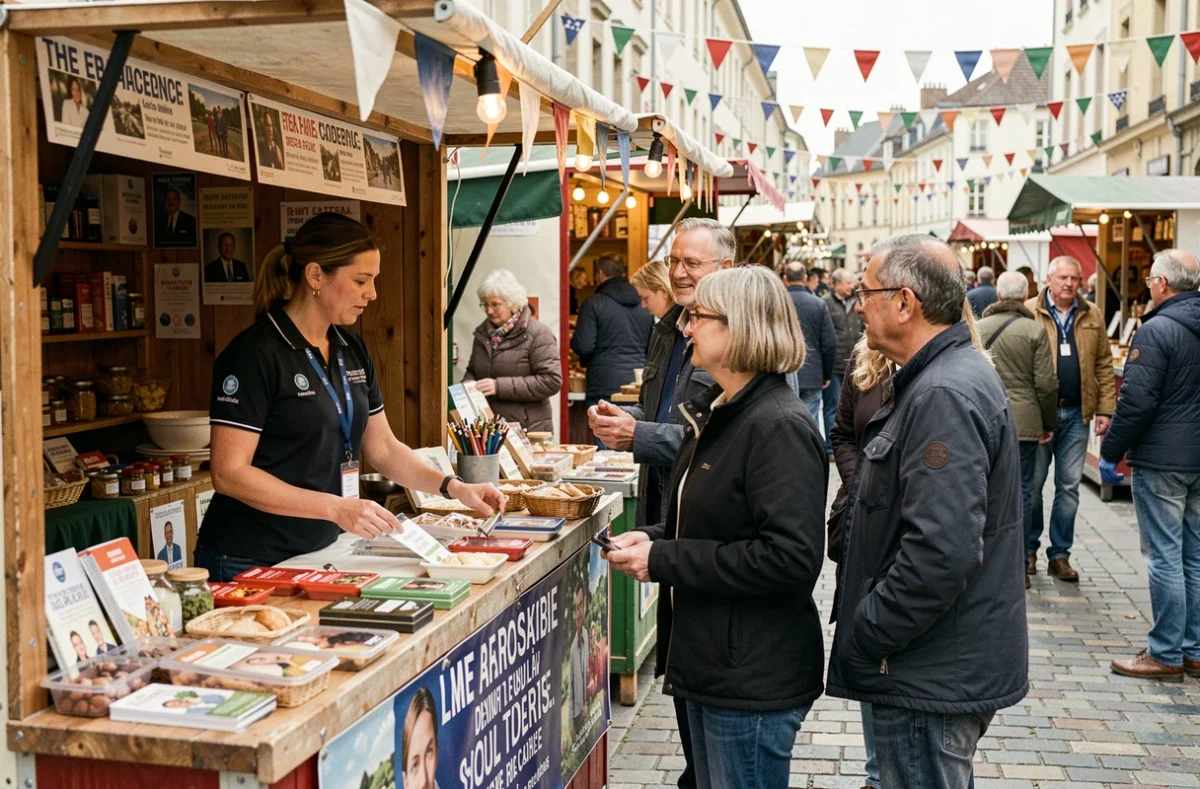 Stand de grande marque lors d'un braderie traditionnel français, animé par une vendeuse en polo branded entourée de clients curieux dans une rue commerçante festive