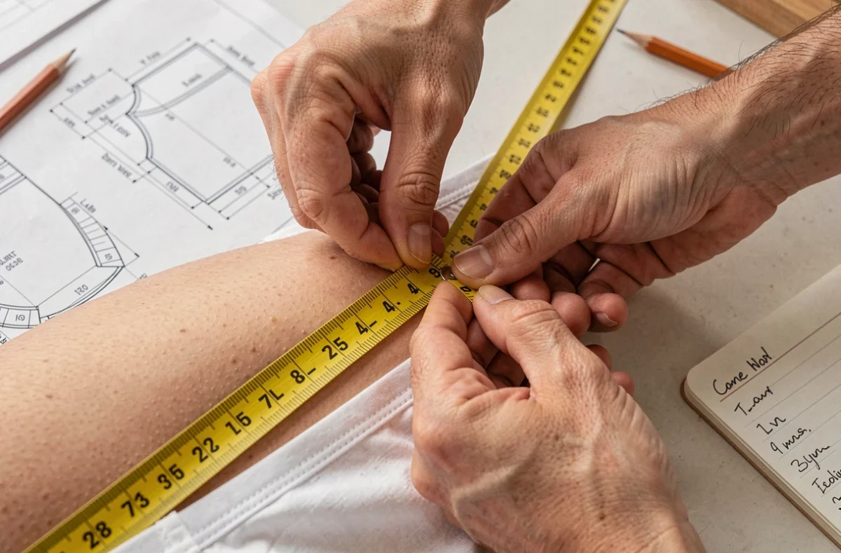 Gros plan sur des mains féminines mesurant le tour de hanches avec un mètre ruban sur une table de couture avec patron et notes