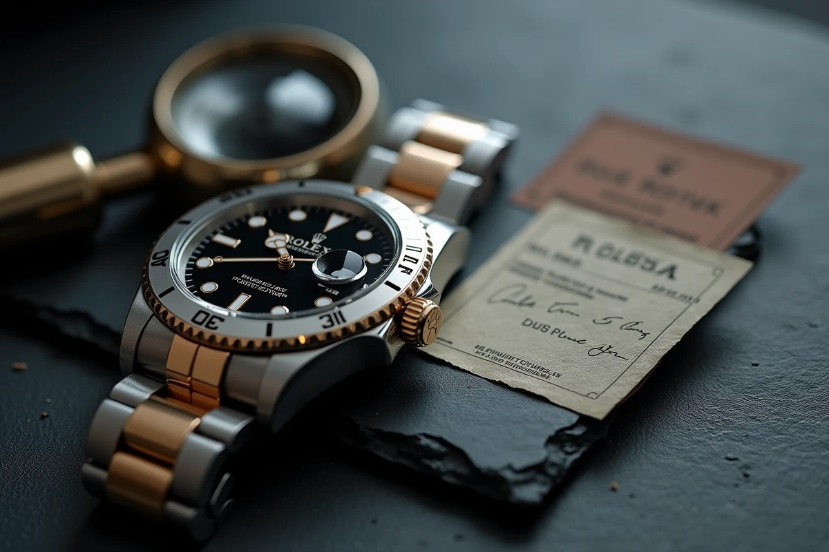 Gros plan d'une montre Rolex avec loupe et certificat d'authenticité sur ardoise