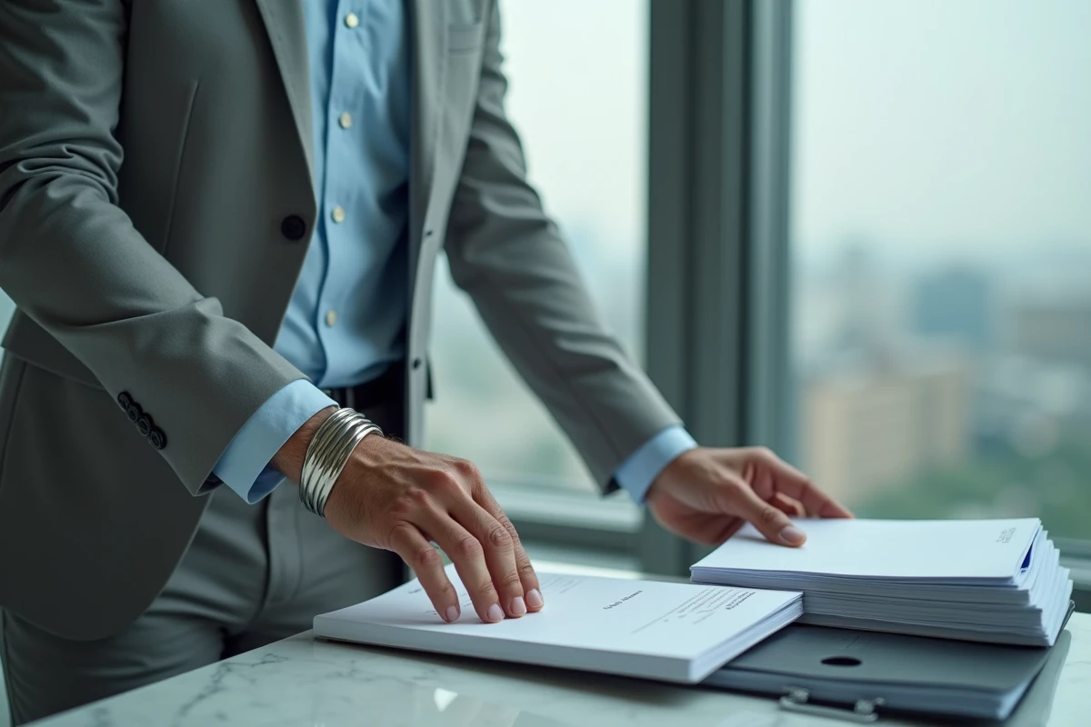 Homme daffaires ajustant ses fichiers avec bracelet en argent