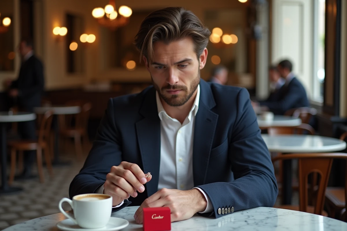 Homme contemplant une bague Cartier Love dans un café parisien élégant