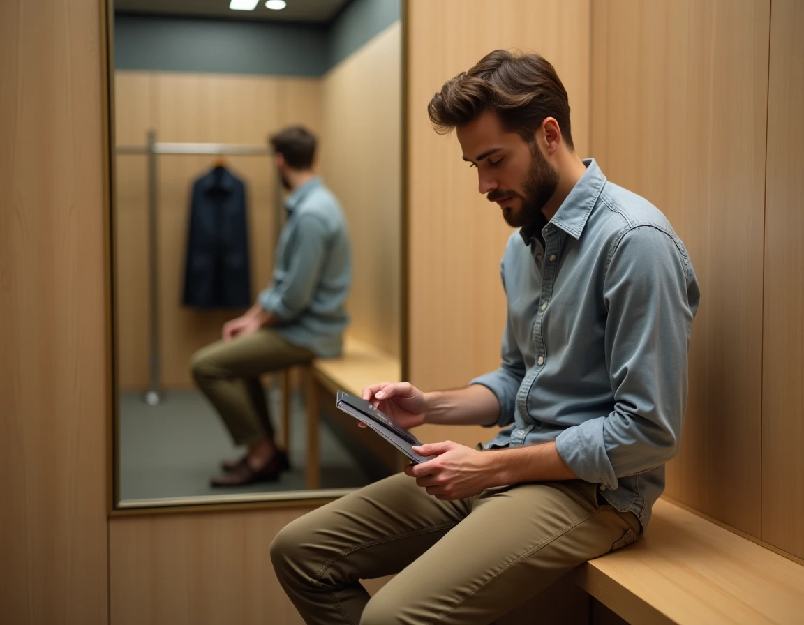 Homme en cabine d'essayage consultant un guide des tailles pour un pantalon taille 30 en équivalent européen