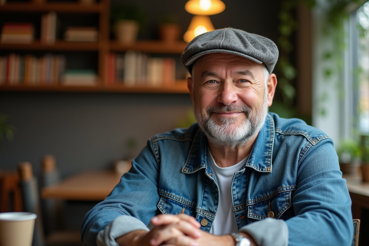 Homme en denim et casquette dans un café intérieur